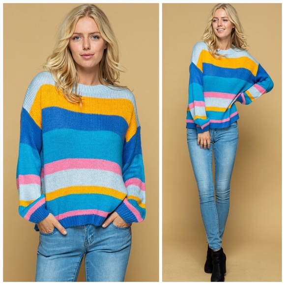 🥰LAST! Blue Multi Color Stripe Super Soft Sweater - Picture 2 of 10
